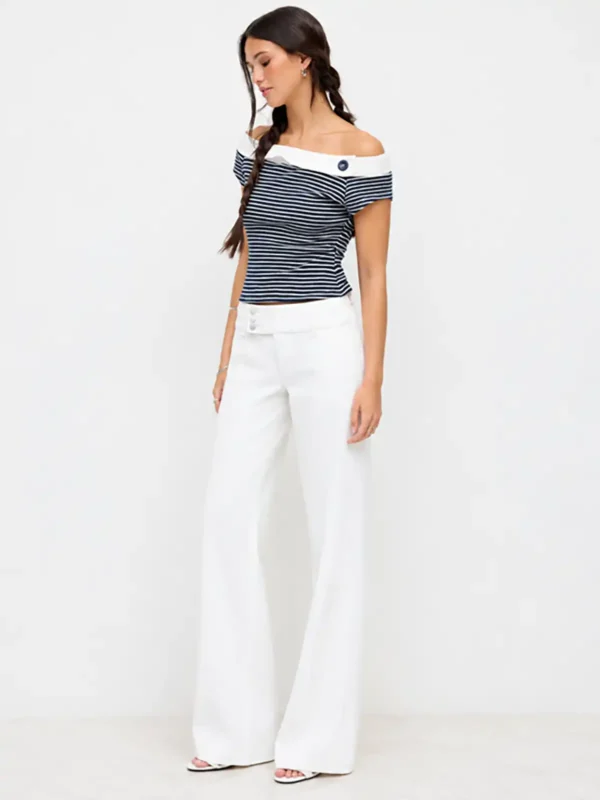 Off-Shoulder Striped Top with Flared Tailored Pants