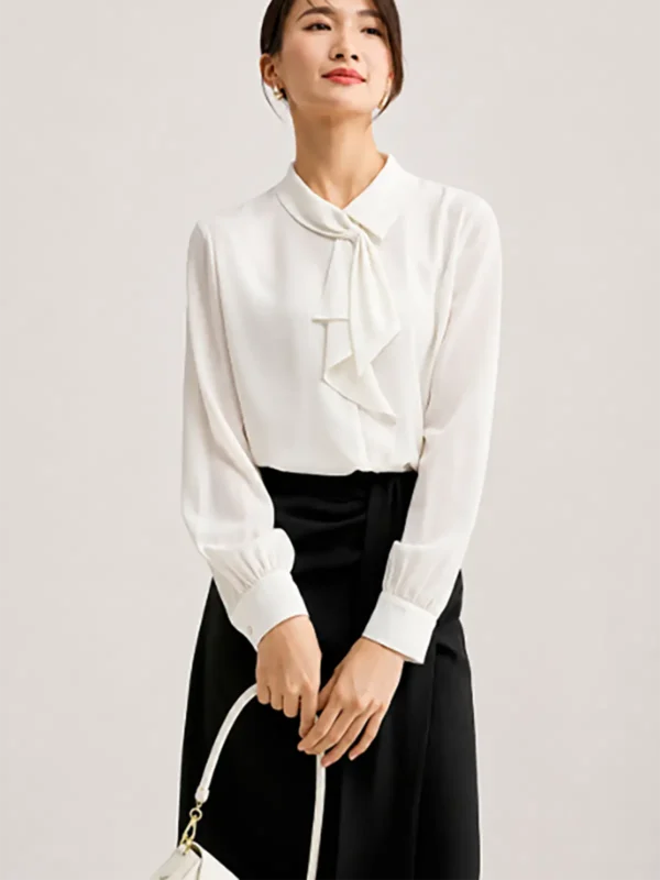Bow-Neck Blouse with Black High-Waist Skirt