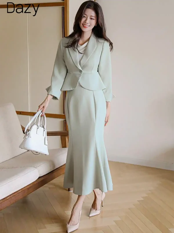 Soft Waisted Blazer with Mermaid Midi Skirt and draped cowl- neck top