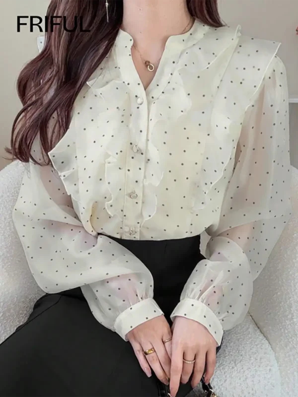Sheer Ruffle Blouse with Knee-Length Skirt
