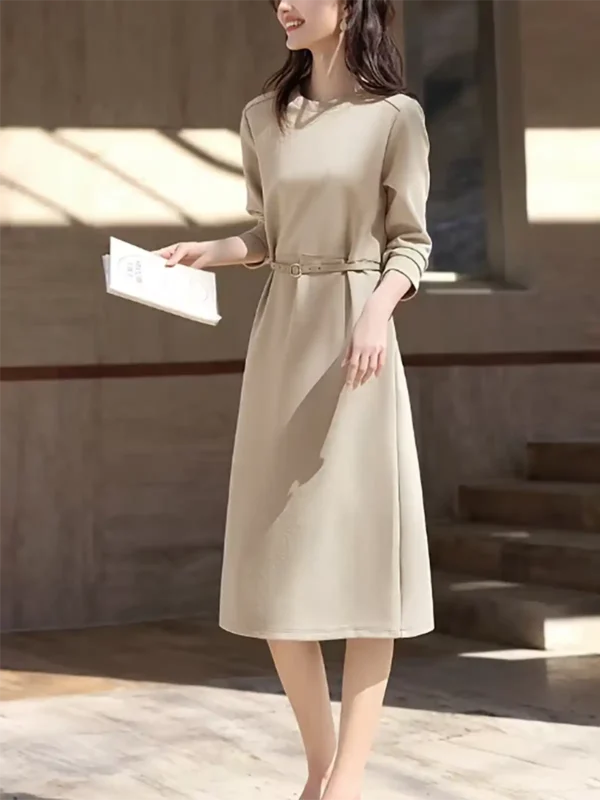 Crew Neck Midi Length Solid Color Long Sleeve Belted Dress
